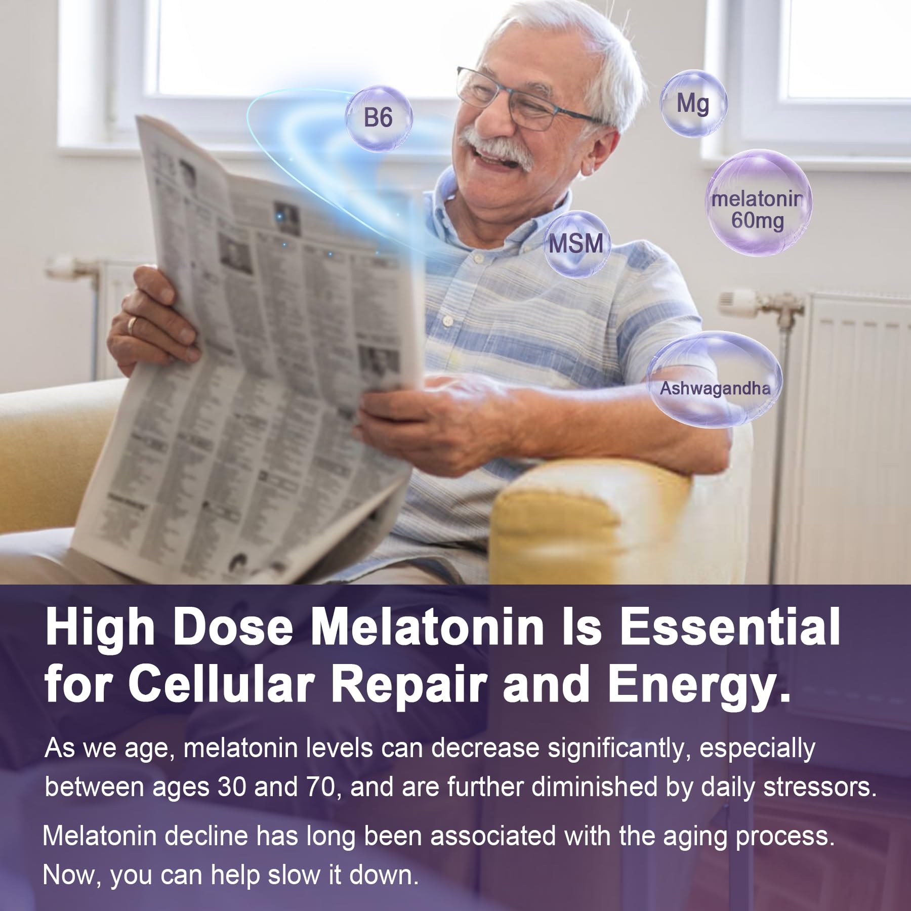 Antioxidant & Brain Support Melatonin 60mg 30mg for 50+ Adults | High Dose Melatonin for Anti-Aging & Immune | Extra Strength Melatonin Gummies with B6, Ashwagandha, Magnesium, MSM - 60 Gummies - Image 3