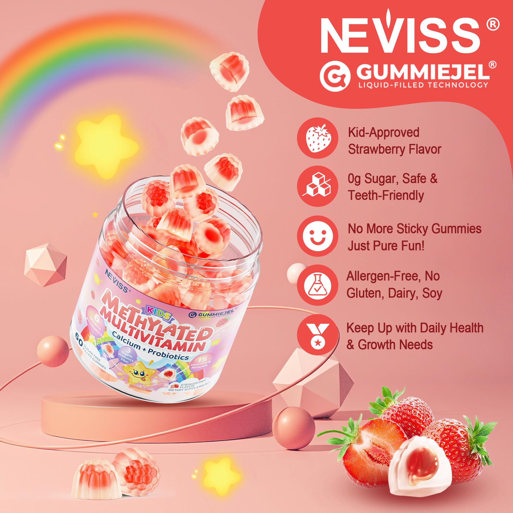 Kids Multivitamin Gummies + Calcium, Probiotics, Vitamin D3, C, Methylated B12 & Methylfolate, B6, A, K2, E, Zinc, Prebiotics for Children Ages 4+, Clean & Sugar Free, for Nutritional Support, 60 Cts - Image 7