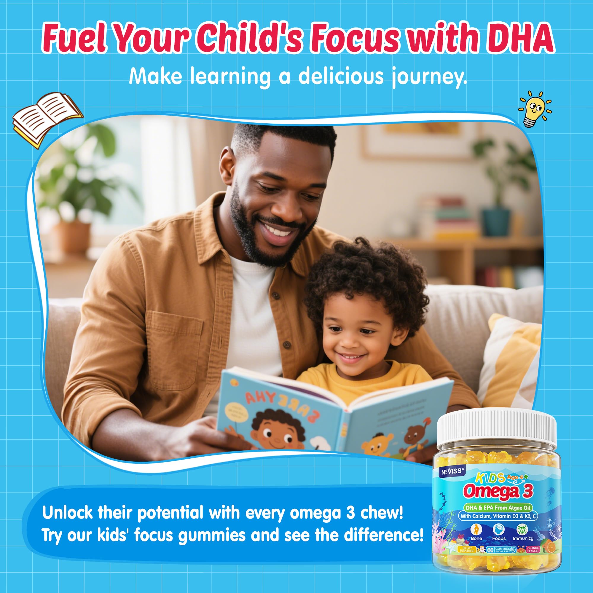 Kids Omega 3 Gummies + Calcium 400mg + Vitamin D3 K2 + C, Omega-3 DHA & EPA Supplement - No Fish Burps, No Sugar - Kids & Teens Omḛga 3 + Multivitamin Gummy for Strong Bones, Brain, Immune, Eye, 2Pack - Image 6