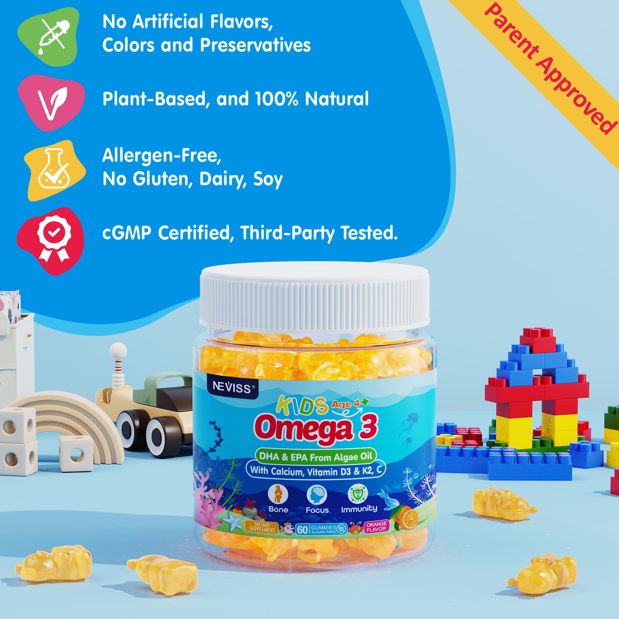 Kids Omega 3 Gummies + Calcium 400mg + Vitamin D3 K2 + C, Omega-3 DHA & EPA Supplement - No Fish Burps, No Sugar - Kids & Teens Omḛga 3 + Multivitamin Gummy for Strong Bones, Brain, Immune, Eye, 2Pack - Image 8