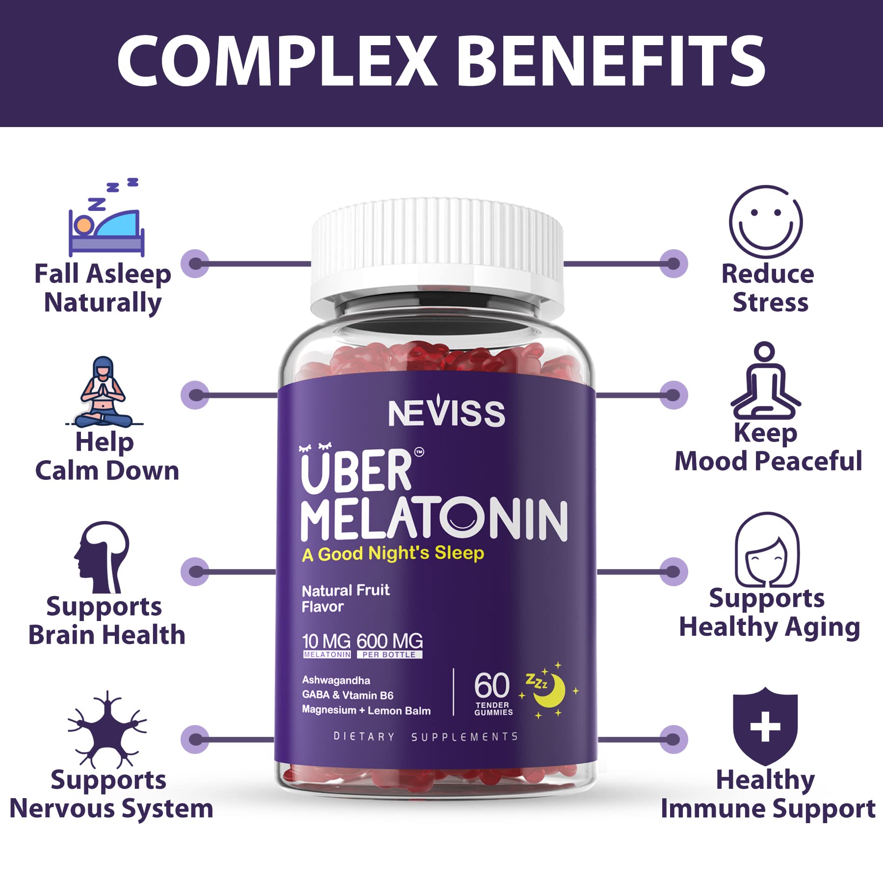 Melatonin Gummies 10mg 20mg for Adults, Melatonin 10 mg per Gummy with Ashwagandha, Magnesium Glycinate, GABA, L-theanine, Valerian Root & Lemon Balm, Rest Support Supplement, Grape Flavor, 2-Pack - Image 4