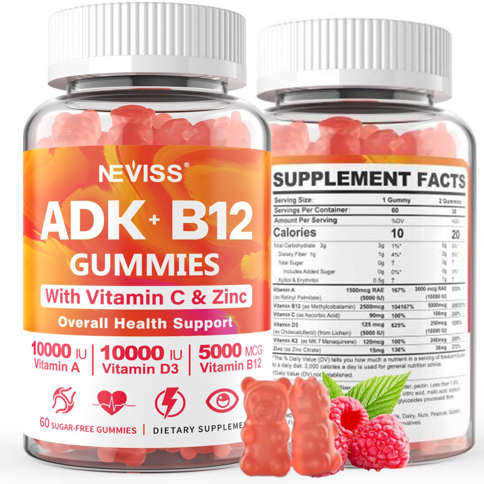 Methylated Multivitamin Women Men, Vitamin D3 K2 5000IU / 10,000IU, B12 5000 mcg 2500mcg, K2 (MK-7) 240mcg- ADK+Methyl Vitamin B12, Vegan D3,Vitamin A,C,Zinc Eye,Bone,Energy,Immune, Sugar-Free Gummies - Image 9