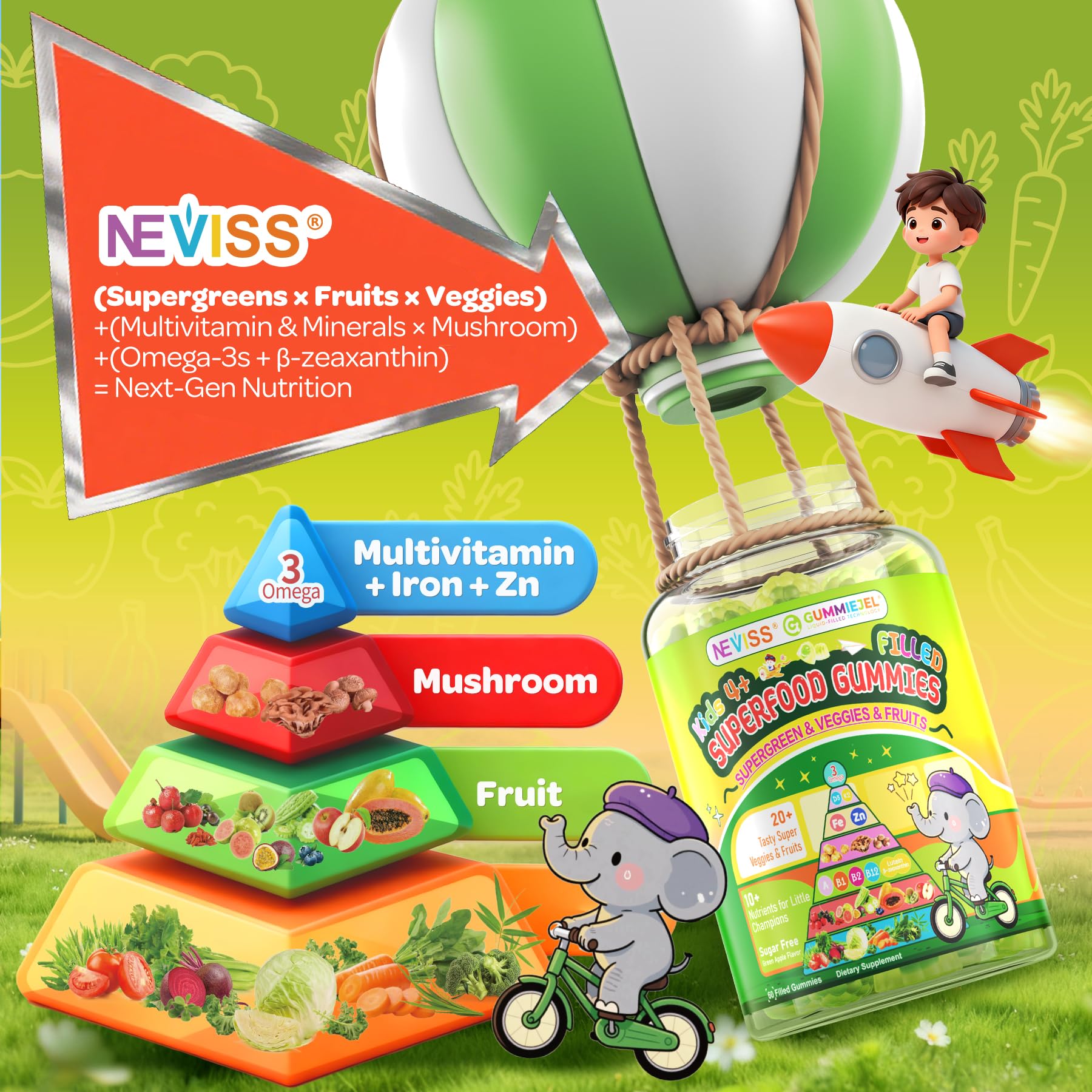 NEVISS Kids 4+ & Teens Super Greens 40-in-1 Gummies w/Multivitamin, Omega3 Iron, D3K2, Picky Eater Organic Super Fruits Veggies Superfood Gummy, Mushroom, Lutein | Immune Bone Brain Energy, Sugar Free - Image 4