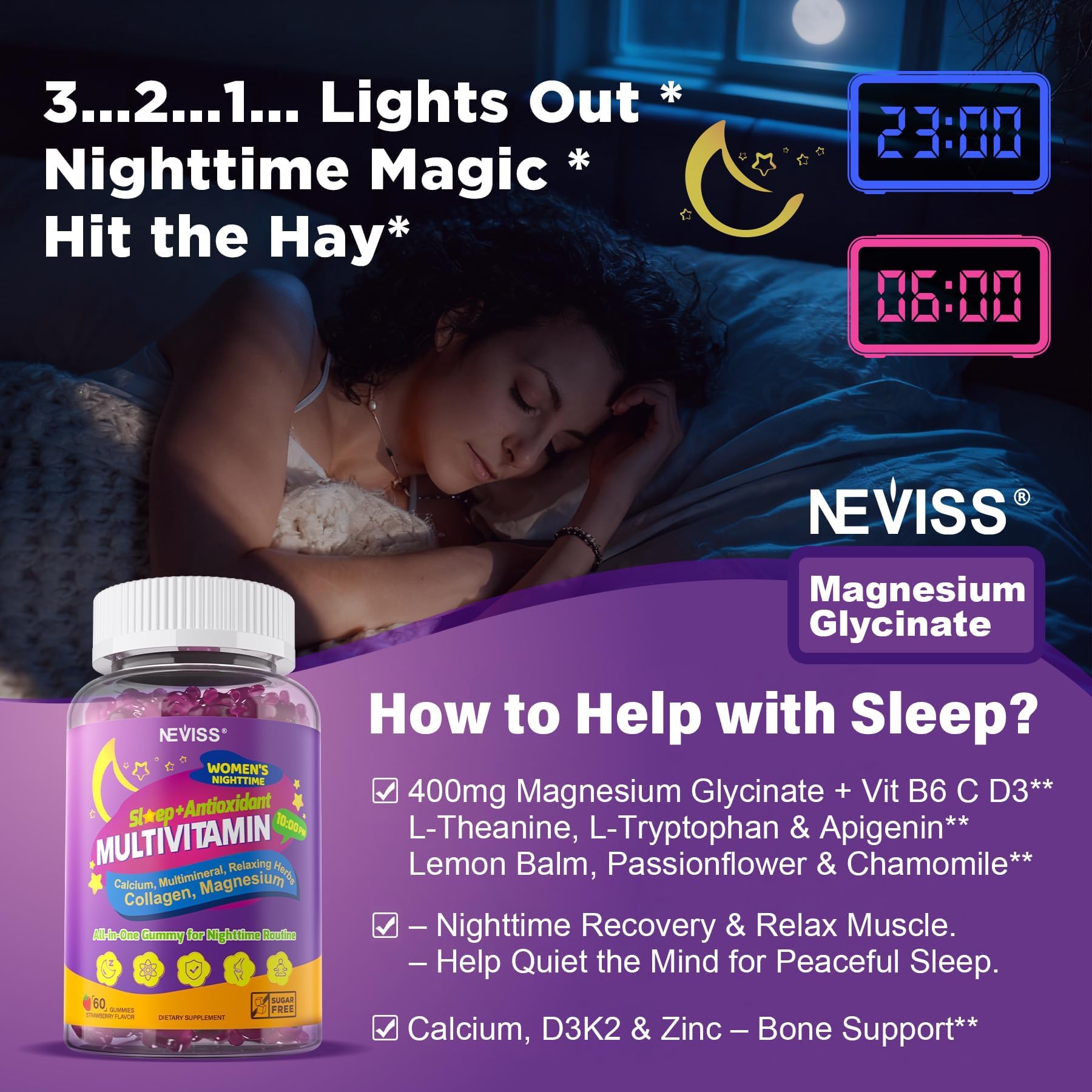 NEVISS Multivitamin for Women Gummies with Magnesium Glycinate 400mg, Calcium D3K2, Hydrolyzed Collagen Gummy for Night Renewal/Sleep, Antioxidant, Relax, Bone, Womens 18 30 40 50 60 70+ Daily Vitamin - Image 4
