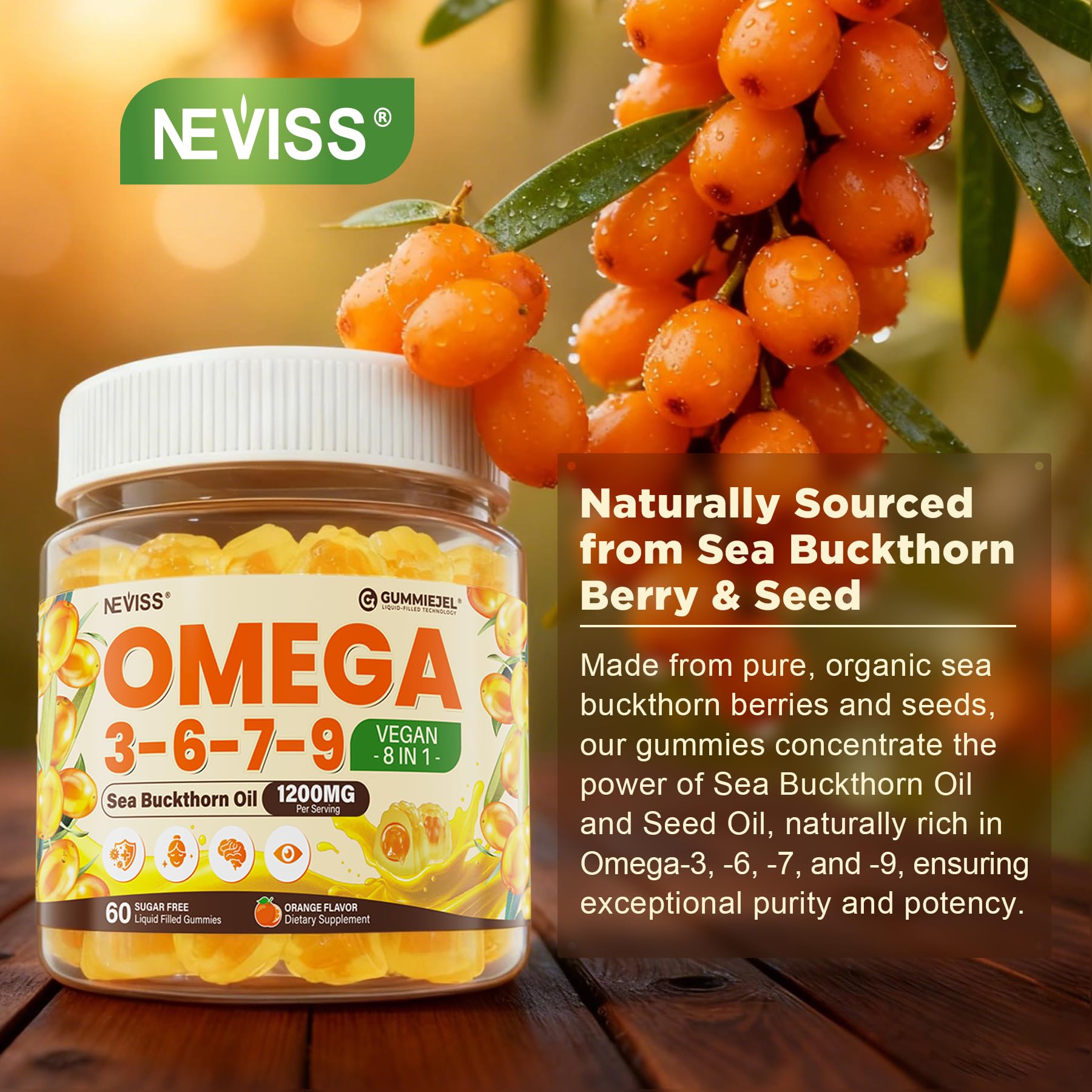 Omega 3-6-7-9 Gummies, Organic Sea Buckthorn Oil 1200MG & Flaxseed Oil 500MG, Vegan Omega 7 Supplement w/Vitamin A, C, E, Fatty Acids, No Fish Taste, Supports Skin, Eye, Immune, Brain Health, 60 Cts - Image 3