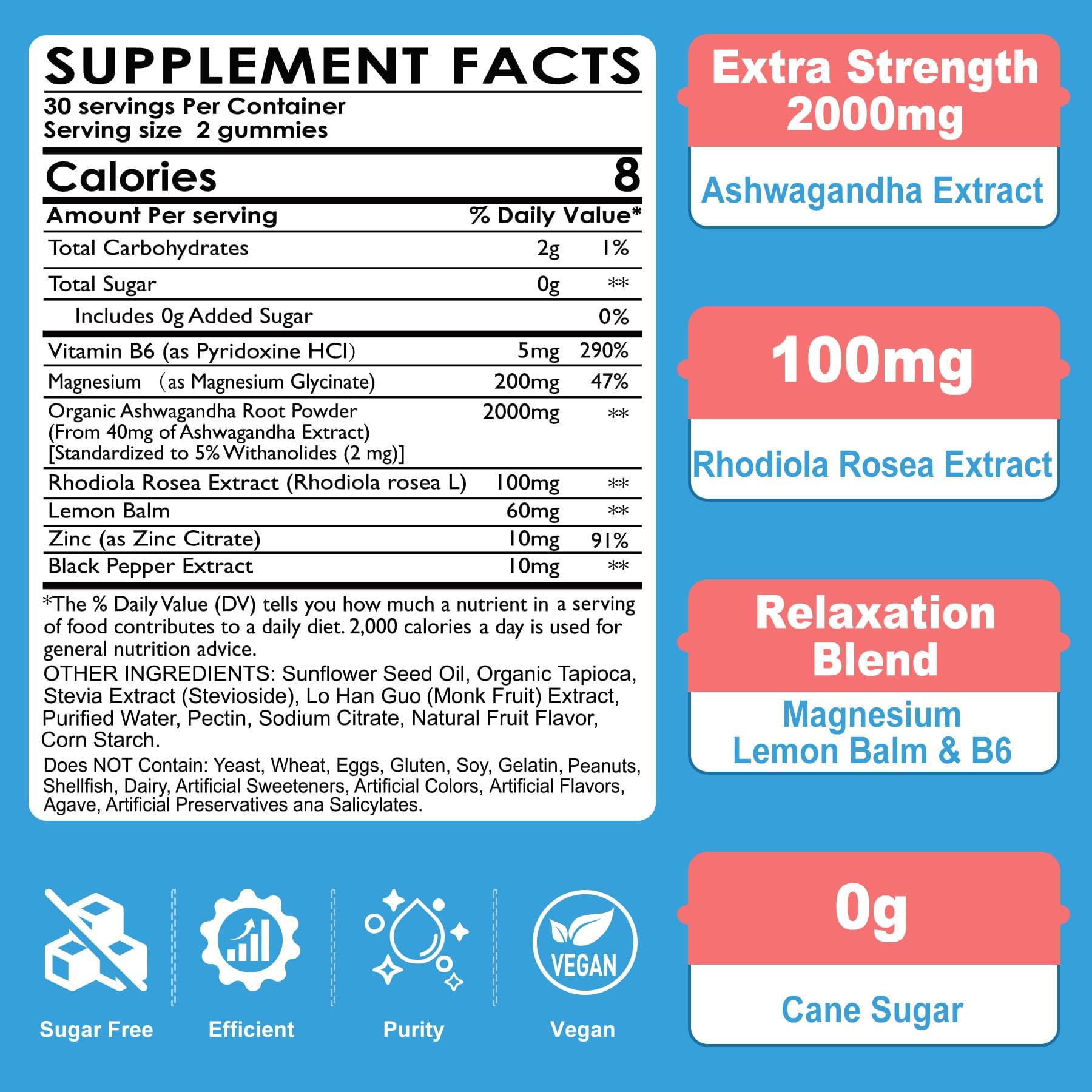 Sugar Free Ashwagandha Gummies - with Magnesium Glycinate, Rhodiola Rosea, Zinc, Lemon Balm, B6 - Relaxation Support, Natural Zzz, Stamina, Energy for Men Women - 60 Counts - Image 3