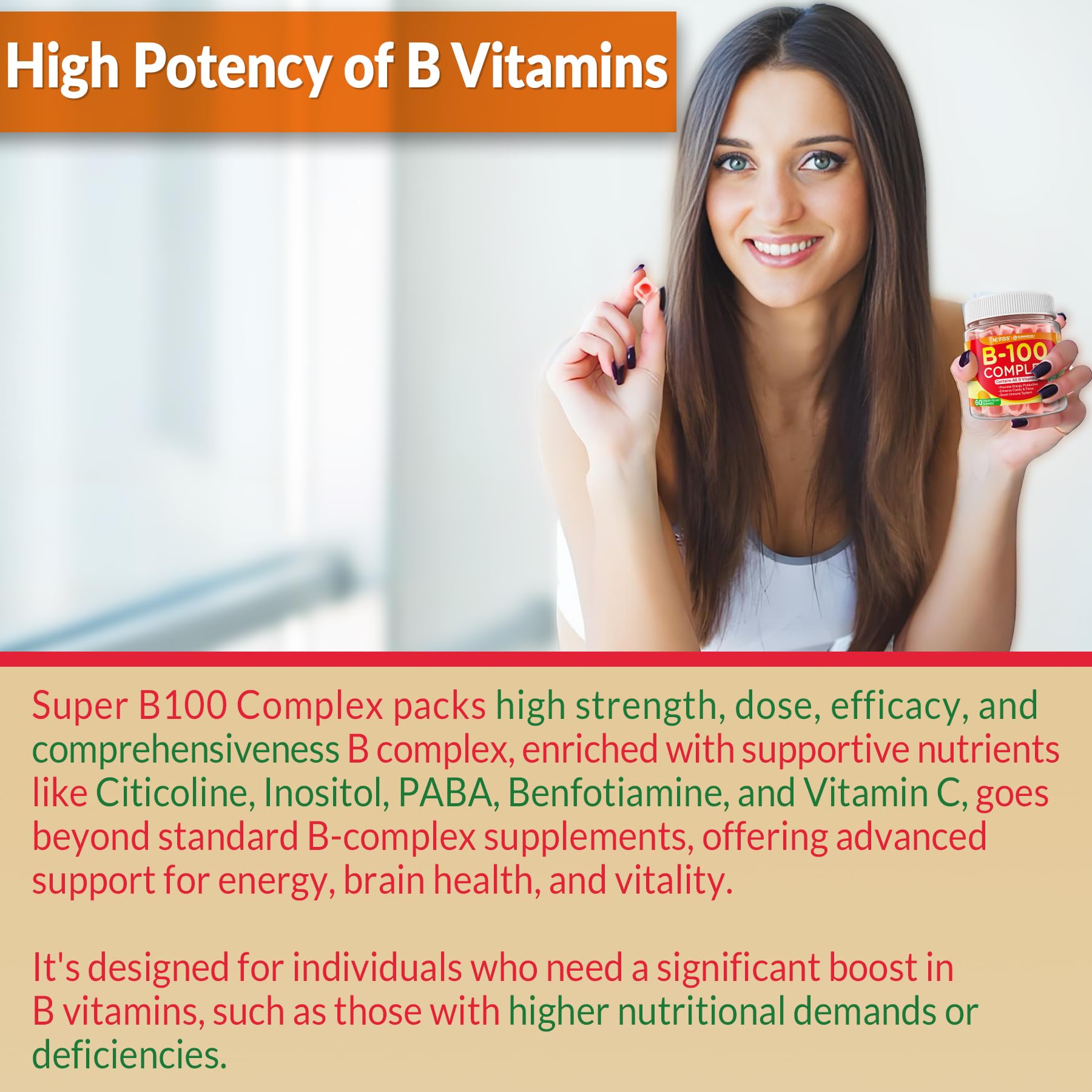 Super Vitamin B Complex Gummies - Methylated B Complex for Women & Men, All B Vitamins, Methyl B12, Methylfolate, Vitamin C, Choline, Inositol, PABA for Energy, Brain & Immune, 0g Sugar, Vegan, 60 Cts - Image 3