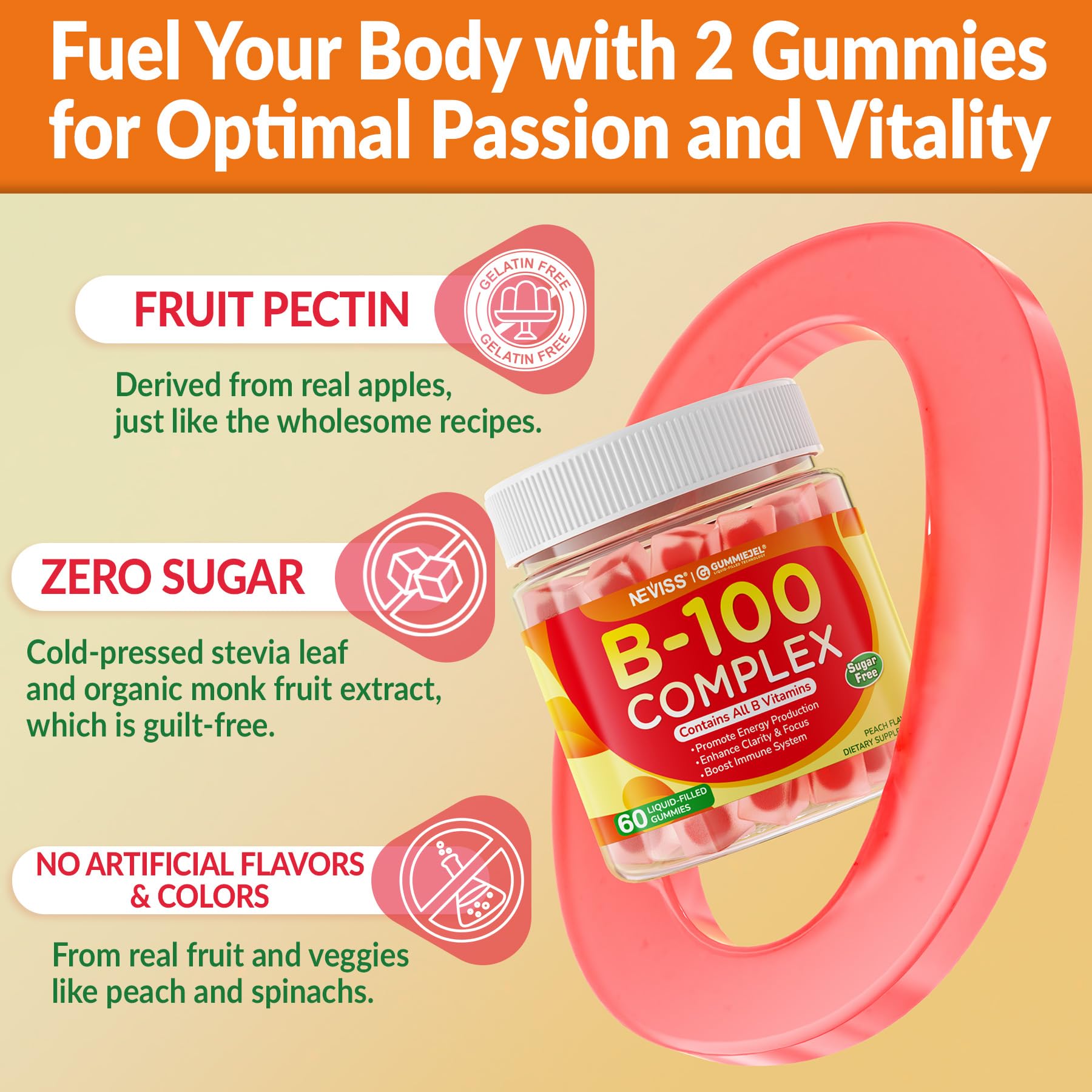 Super Vitamin B Complex Gummies - Methylated B Complex for Women & Men, All B Vitamins, Methyl B12, Methylfolate, Vitamin C, Choline, Inositol, PABA for Energy, Brain & Immune, 0g Sugar, Vegan, 60 Cts - Image 9