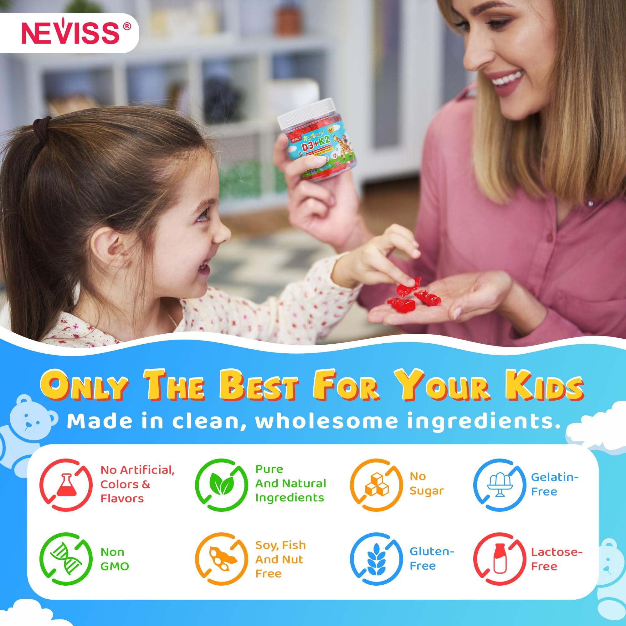 Vitamin D3 K2 Gummies for Kids & Teens + Calcium, Magnesium, Zinc, Phosphorus, C, Kids Multivitamin D3 & K2 Supplement for Bone Health, Calcium Absorption, Focus & Immunity, Non GMO, Sugar Free, 2Pack - Image 7