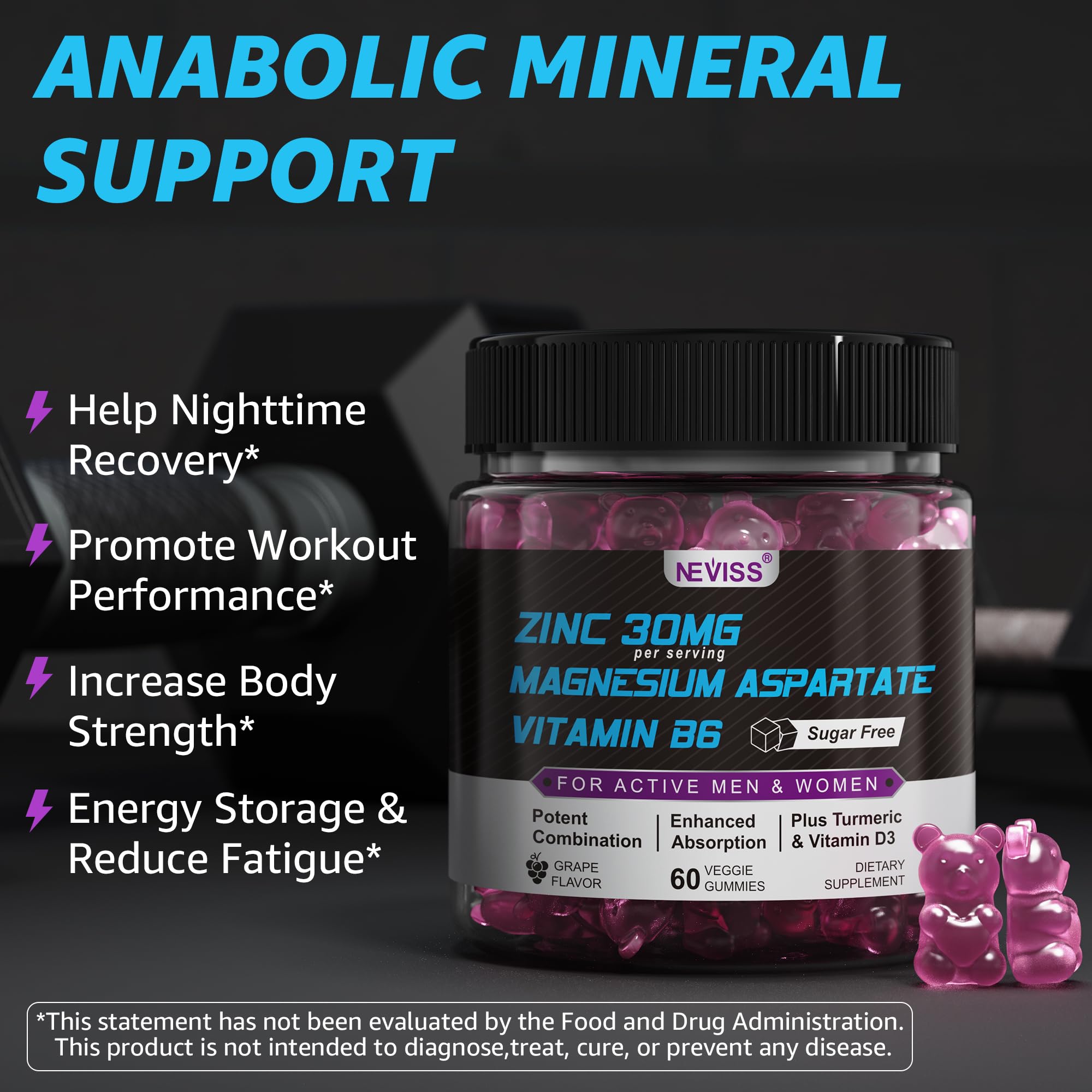 Zinc and Magnesium Supplement, Zinc Magnesium Aspartate Post Workout Gummies for Men Women, with Vitamin B6, B12, D3, Turmeric for Nighttime Recovery, Reduce Fatigue, Boost Immunity & Sleep, 120 Count - Image 4